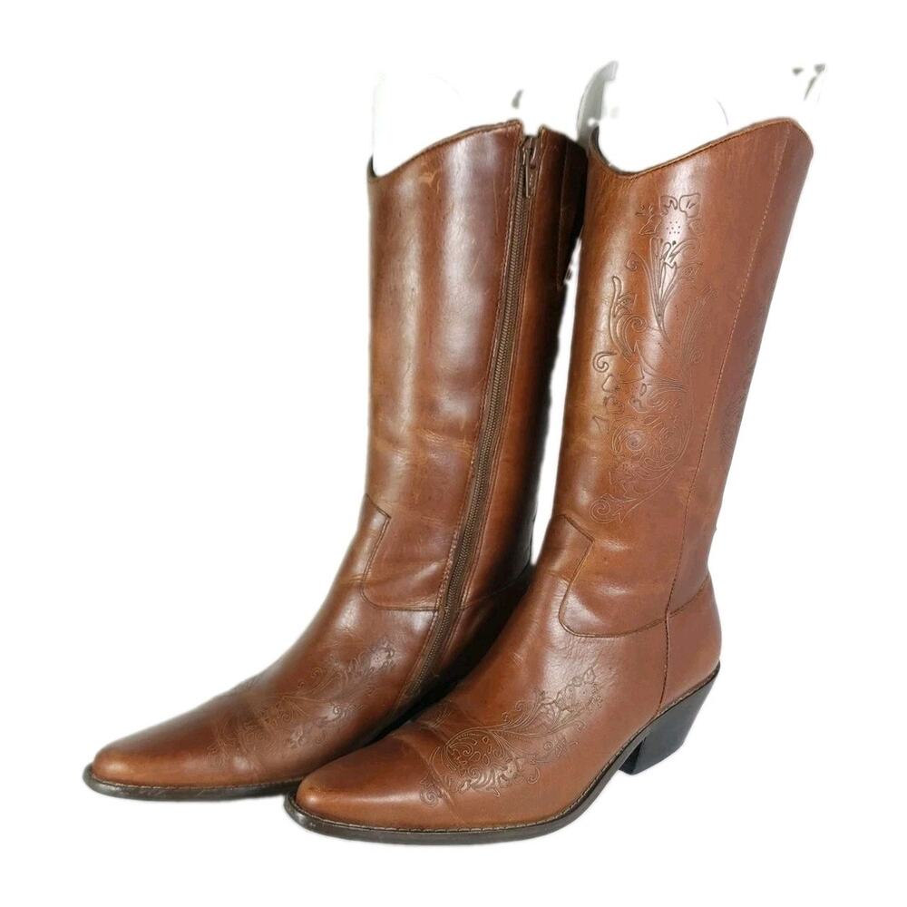 Matisse Vtg Women's US6M Brown Leather Embroidered Zip Mid Calf Western Boots